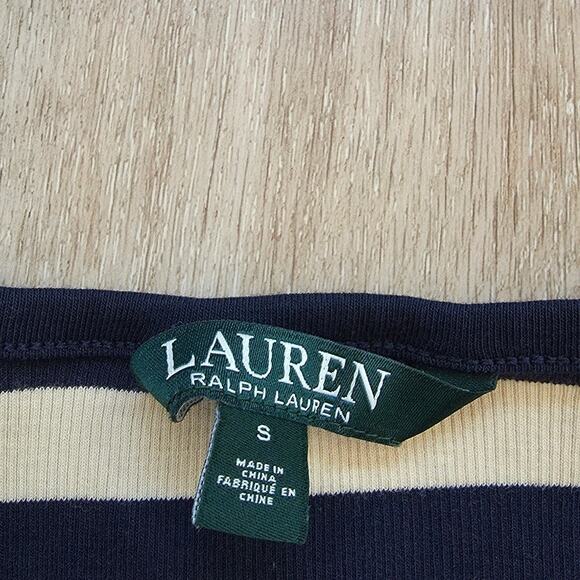 Lauren | Ralph Lauren Blue Cream Striped Long Sleeve sz Small Leather Shoulder - Picture 2 of 5